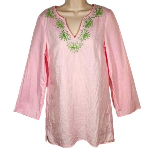 Lilly Pulitzer Elina Tunic Top Dress‎ Cotton Slub Embroidered Pink Green Swim S - Picture 1 of 10